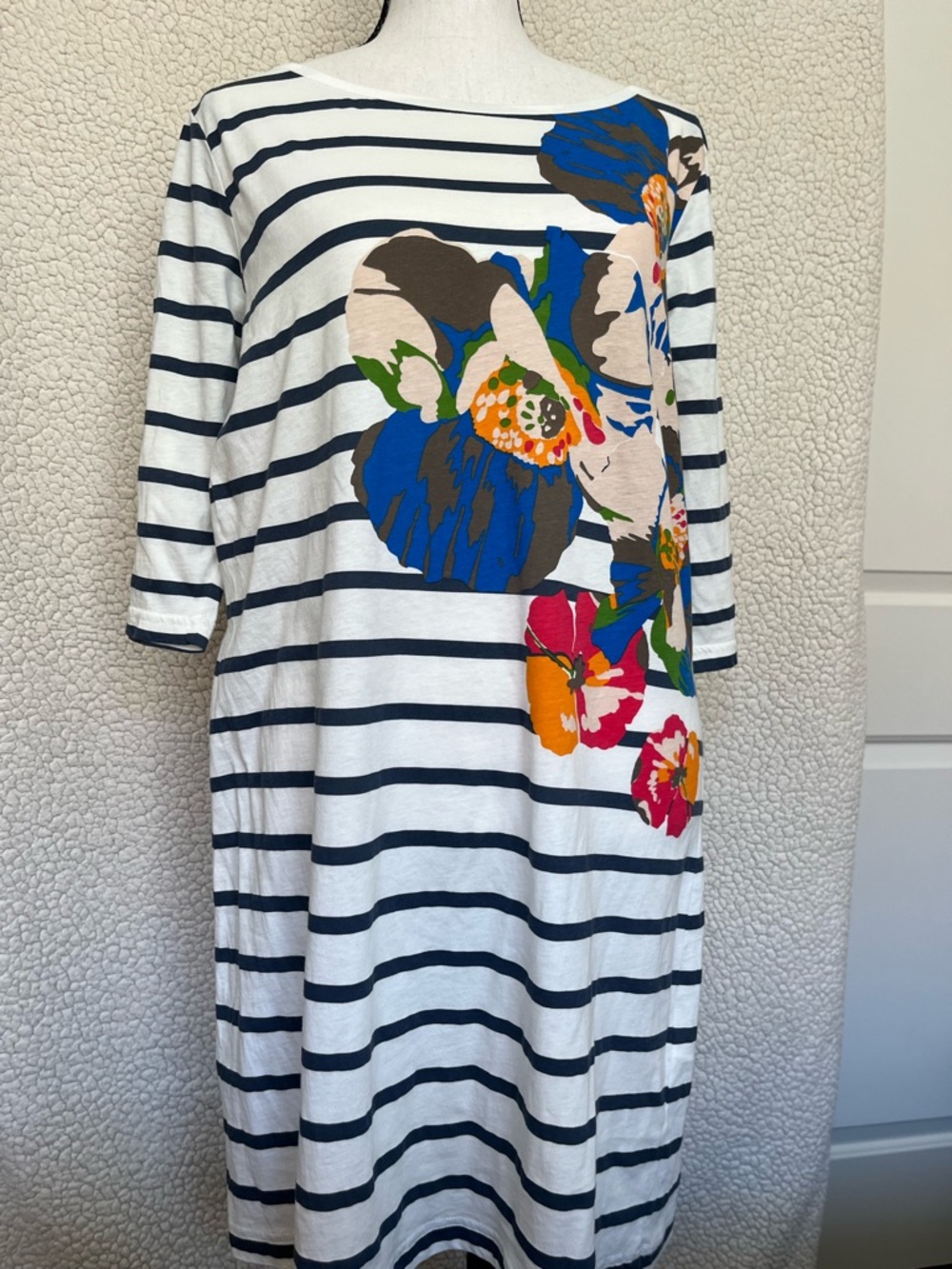 French Connection Navy and White Striped Floral Shift Dress size 12 cotton 100% - Picture 4 of 5